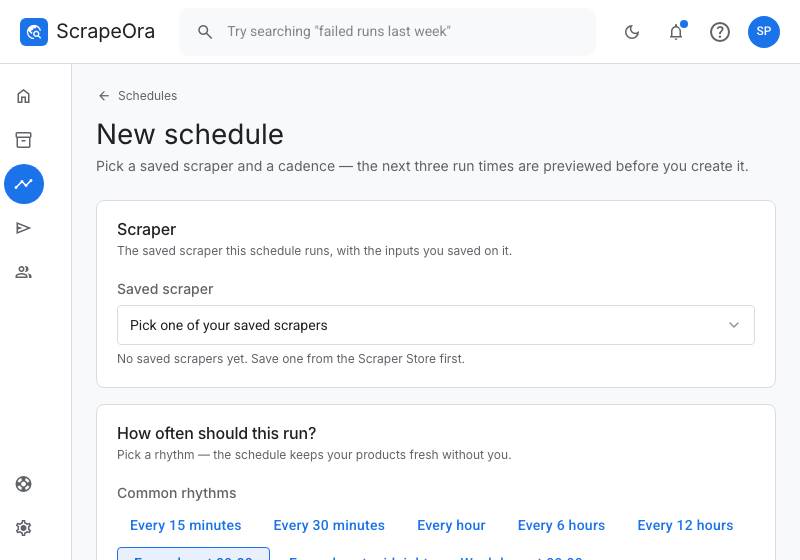 The schedule form asking How often should this run, with plain-language rhythm presets like Every day at 09:00